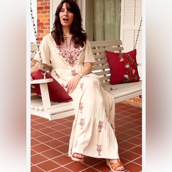 Soft Surroundings Bellmore Gauze Cream Tiered Embroidered Maxi Dress Sz XS - Picture 3 of 8